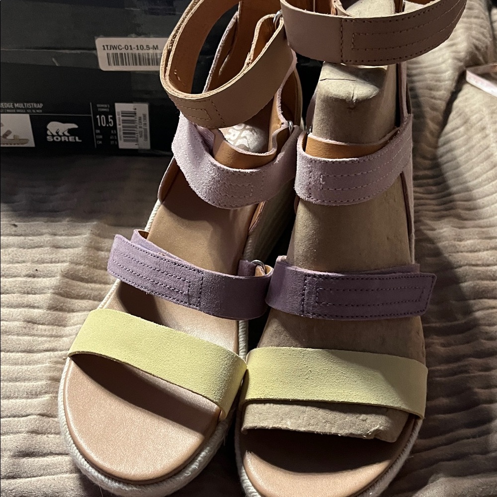 Sorel Women's Multi-Strap Wedge Sandals in Tan, Lavender, Pale Yellow